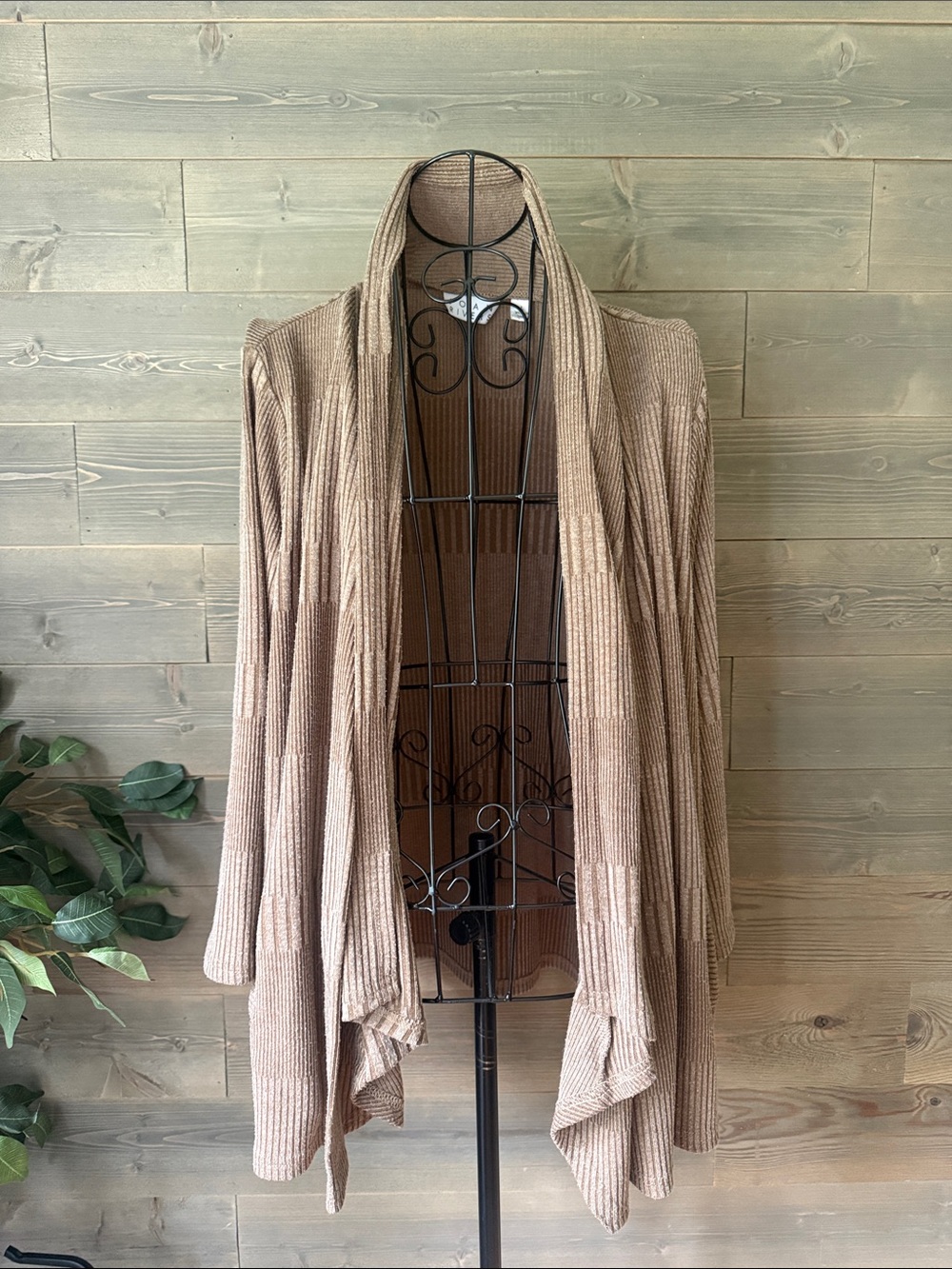 Joan Rivers Ribbed Open-Front waterfall Cardigan in Light Brown/mocha